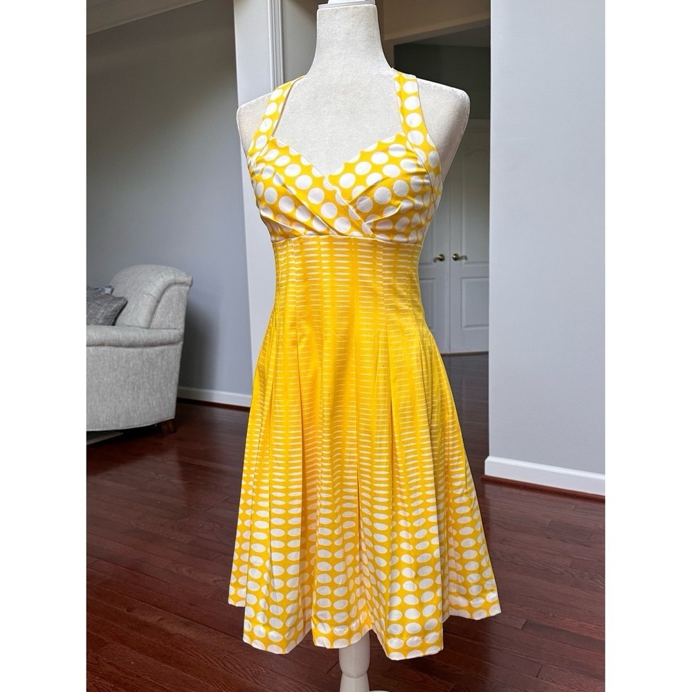 Vintage Y2K Yellow White Polka Dot Feminine Dress Summer Vacay Anthro Cotton - Picture 8 of 9
